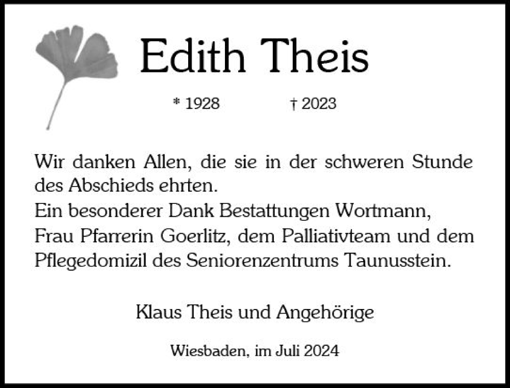  Traueranzeige für Edith Theis vom 06.07.2024 aus Wiesbadener Kurier