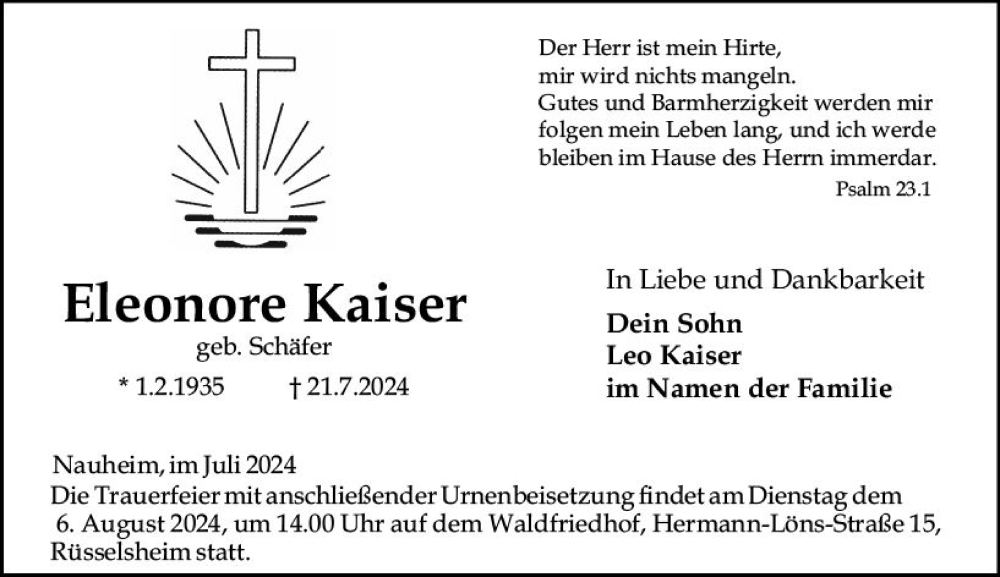  Traueranzeige für Eleonore Kaiser vom 27.07.2024 aus Rüsselsheimer Echo