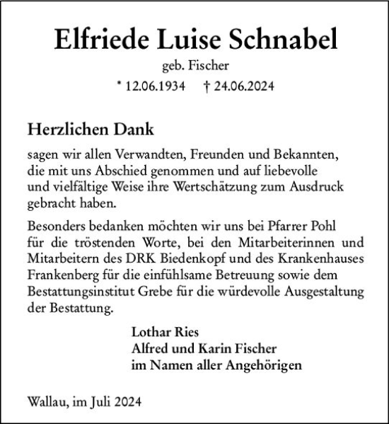 Traueranzeige von Elfriede  Schnabel von Hinterländer Anzeiger