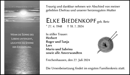 Traueranzeige von Elke Biedenkopf von Hinterländer Anzeiger