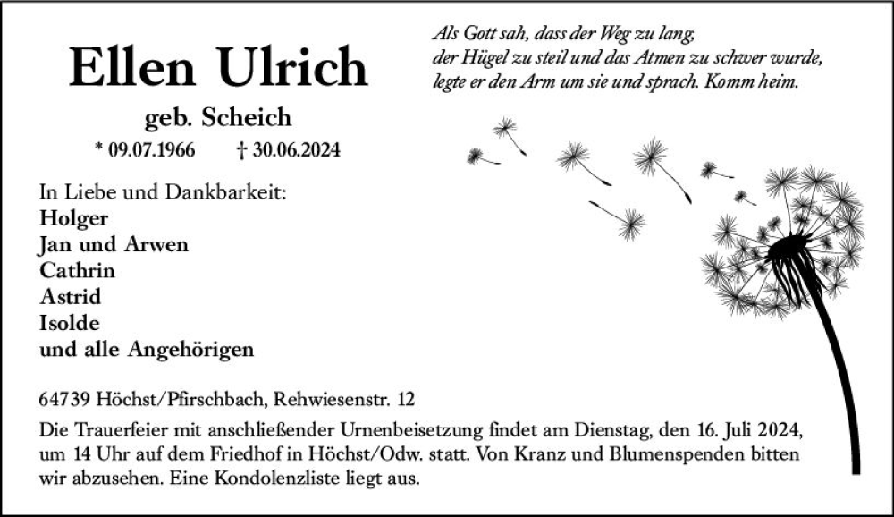  Traueranzeige für Ellen Ulrich vom 13.07.2024 aus Odenwälder Echo