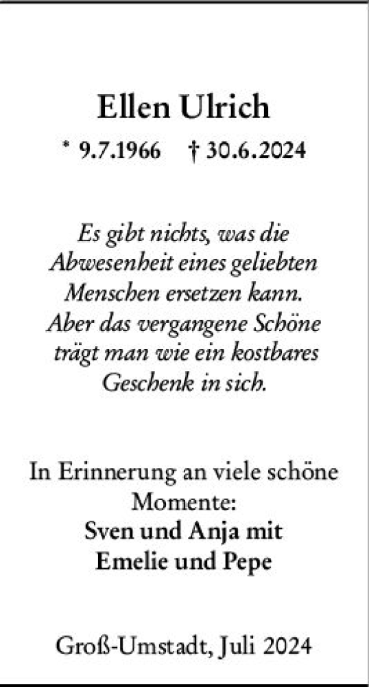  Traueranzeige für Ellen Ulrich vom 13.07.2024 aus Odenwälder Echo
