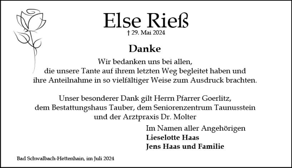  Traueranzeige für Else Rieß vom 06.07.2024 aus Wiesbadener Kurier