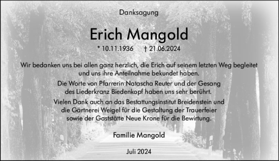 Traueranzeige von Erich Mangold von Hinterländer Anzeiger