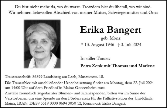 Traueranzeige von Erika Bangert von Allgemeine Zeitung Mainz