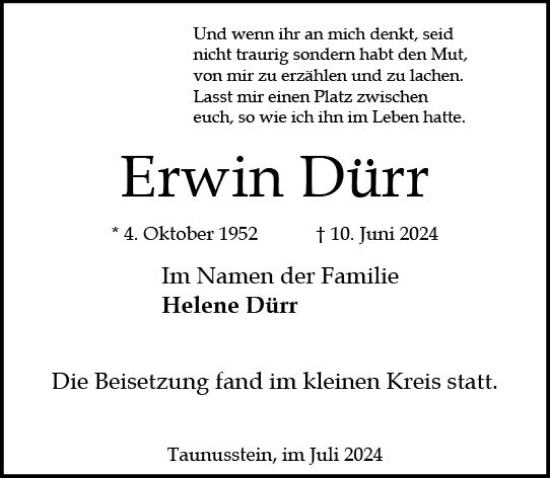 Traueranzeige von Erwin Dürr von Wiesbadener Kurier