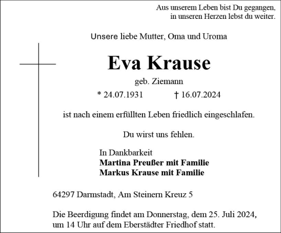 Traueranzeige von Eva Krause von Darmstädter Echo