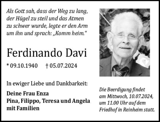 Traueranzeige von Ferdinando Davi von Darmstädter Echo