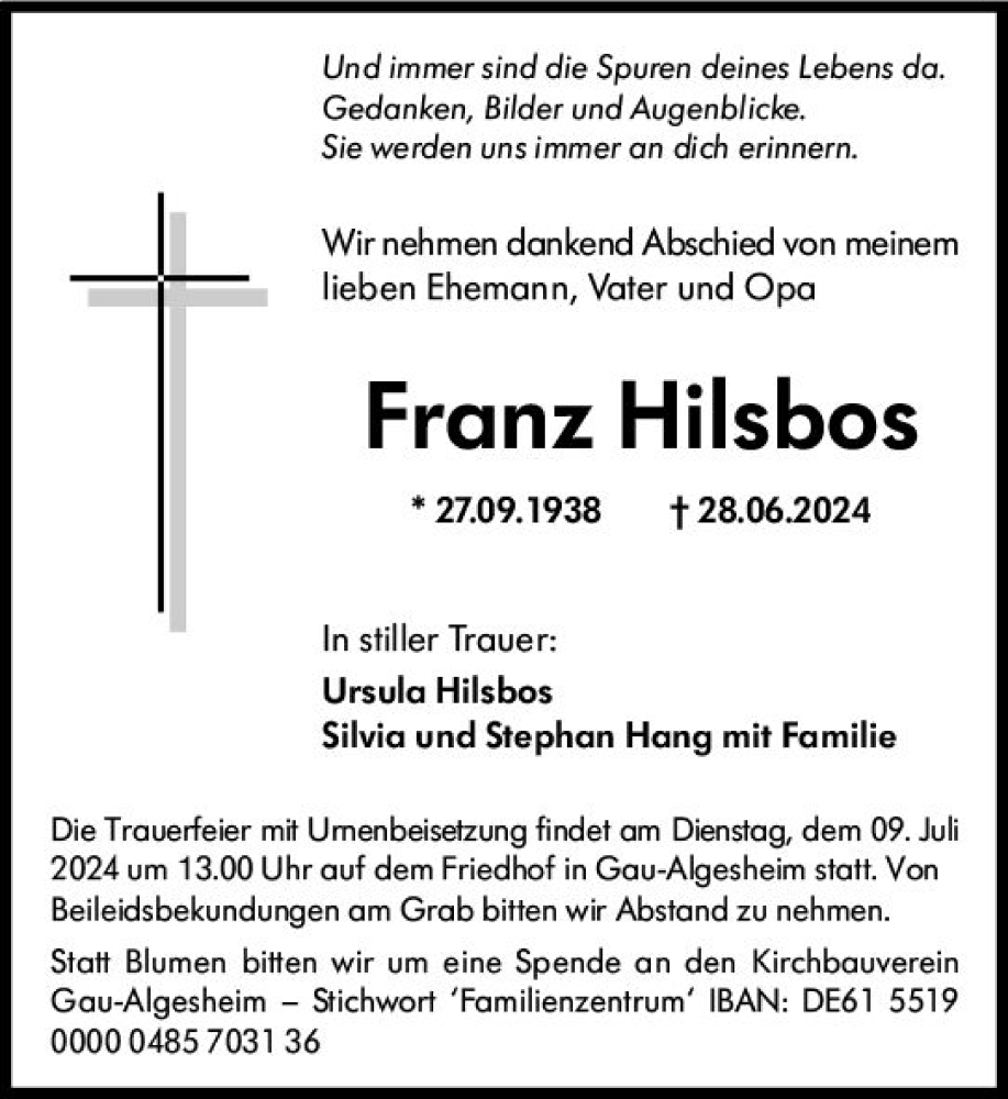  Traueranzeige für Franz Hilsbos vom 06.07.2024 aus Allgemeine Zeitung Rheinhessen-Nahe