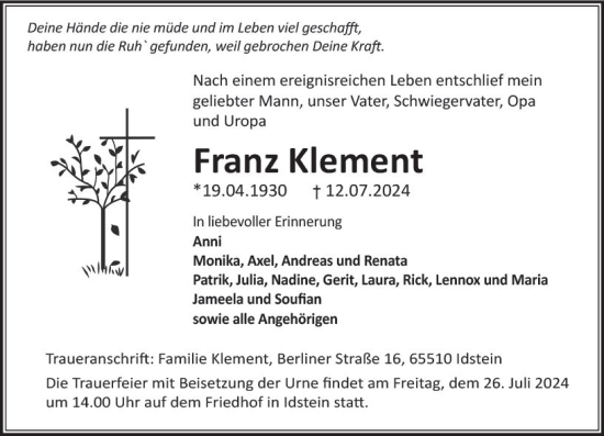 Traueranzeige von Franz Klement von Idsteiner Land/Untertaunus