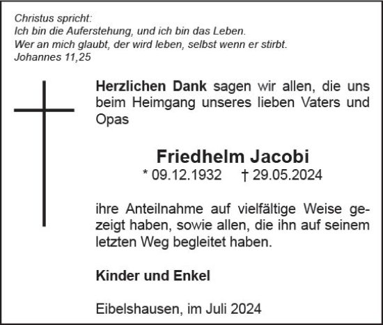 Traueranzeige von Friedhelm Jacobi von Dill Block