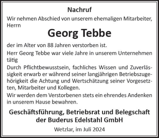 Traueranzeige von Georg Tebbe von Wetzlarer Neue Zeitung