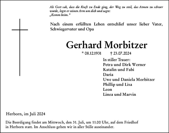 Traueranzeige von Gerhard Morbitzer von Dill Block