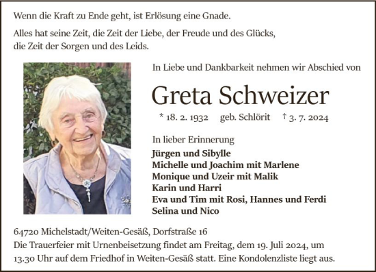 Traueranzeige von Greta Schweizer von Odenwälder Echo