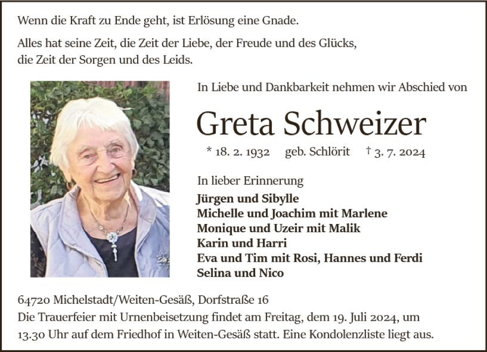  Traueranzeige für Greta Schweizer vom 13.07.2024 aus Odenwälder Echo
