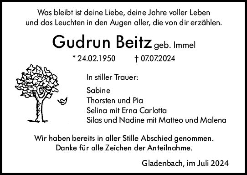  Traueranzeige für Gudrun Beitz vom 25.07.2024 aus Hinterländer Anzeiger