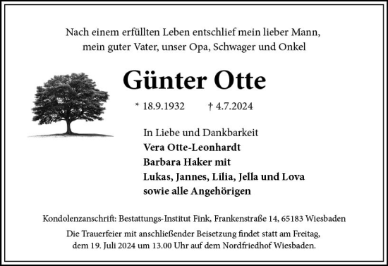Traueranzeige von Günter Otte von Wiesbadener Kurier