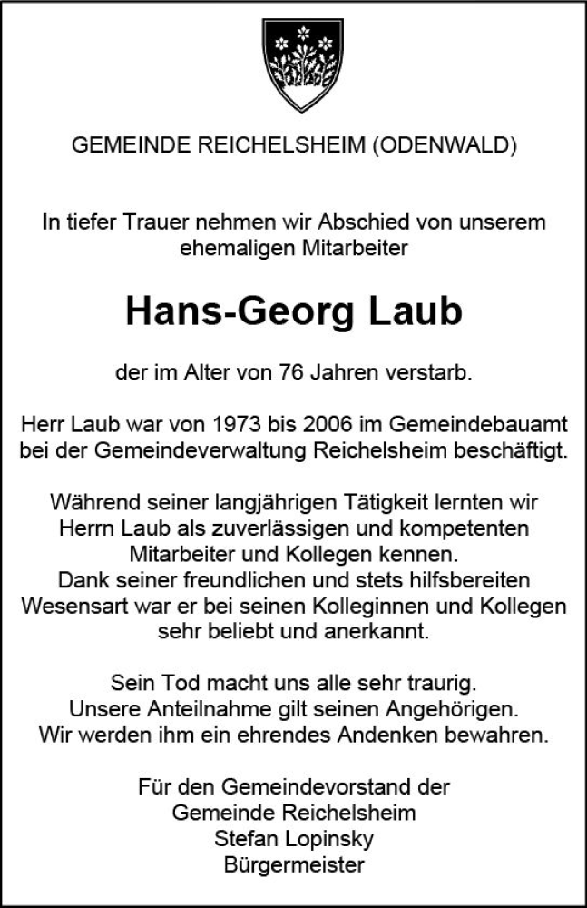  Traueranzeige für Hans-Georg Laub vom 20.07.2024 aus Odenwälder Echo