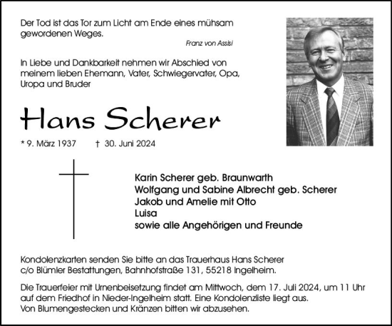 Traueranzeige von Hans Scherer von Allgemeine Zeitung Rheinhessen-Nahe