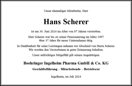 Traueranzeige von Hans Scherer von Allgemeine Zeitung Rheinhessen-Nahe