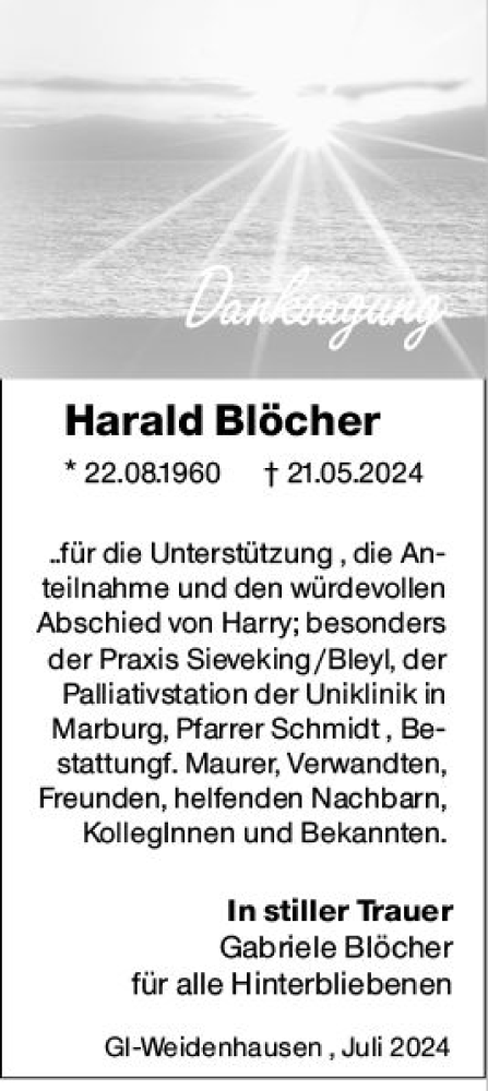 Traueranzeige von Harald Blöcher von Hinterländer Anzeiger