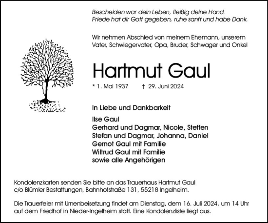 Traueranzeige von Hartmut Gaul von Allgemeine Zeitung Rheinhessen-Nahe
