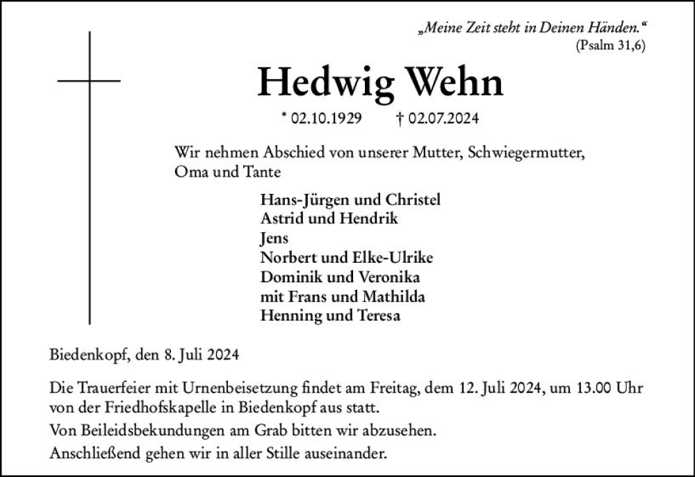  Traueranzeige für Hedwig Wehn vom 08.07.2024 aus Hinterländer Anzeiger