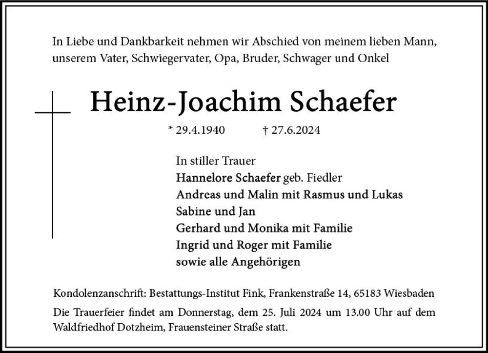  Traueranzeige für Heinz-Joachim Schaefer vom 06.07.2024 aus Wiesbadener Kurier