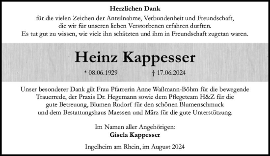 Traueranzeige von Heinz Kappesser von Allgemeine Zeitung Rheinhessen-Nahe