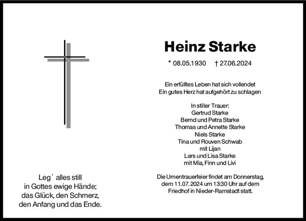  Traueranzeige für Heinz Starke vom 06.07.2024 aus Darmstädter Echo