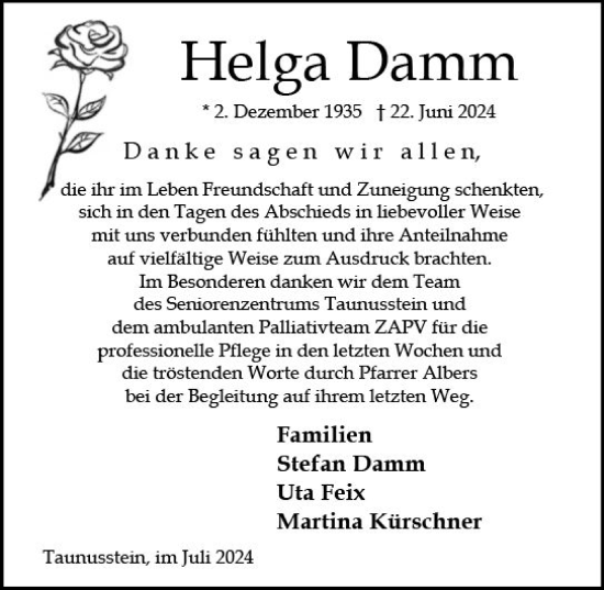 Traueranzeige von Helga Damm von Wiesbadener Kurier