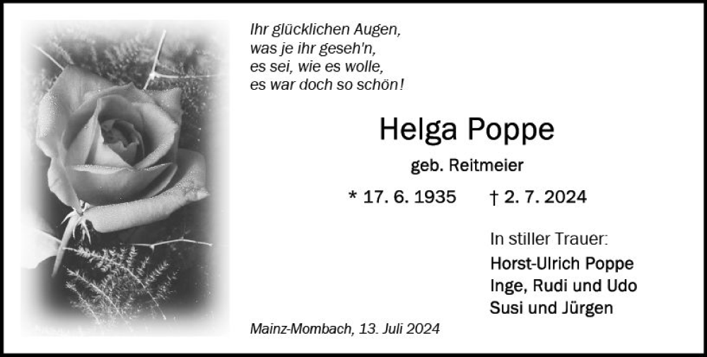  Traueranzeige für Helga Poppe vom 13.07.2024 aus Allgemeine Zeitung Mainz