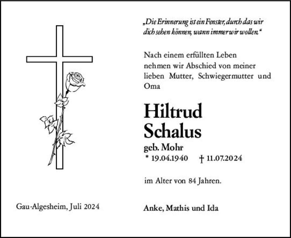  Traueranzeige für Hiltrud Schalus vom 13.07.2024 aus Allgemeine Zeitung Mainz