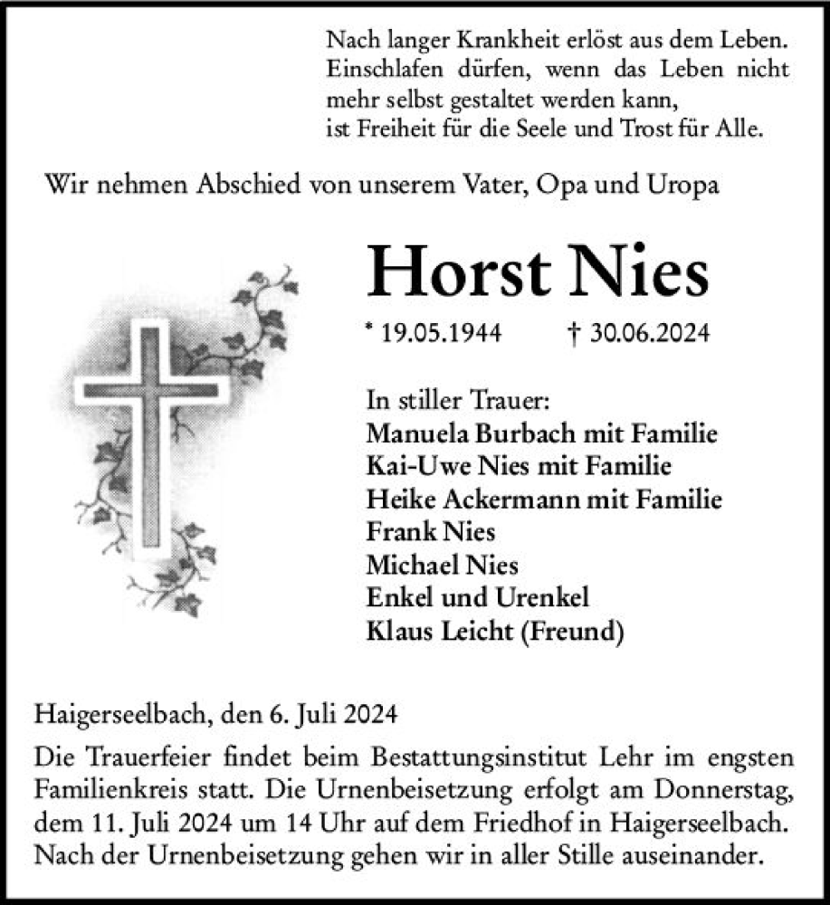  Traueranzeige für Horst Nies vom 06.07.2024 aus Dill Block
