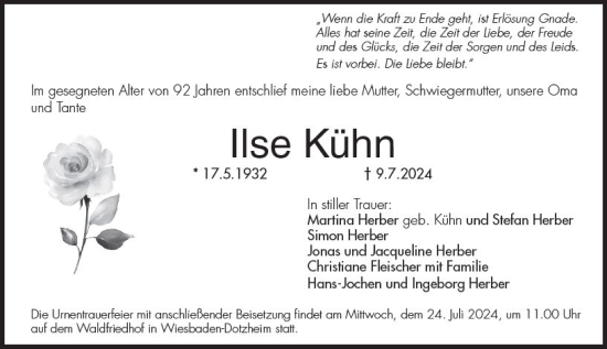 Traueranzeige von Ilse Kühn von Wiesbadener Kurier