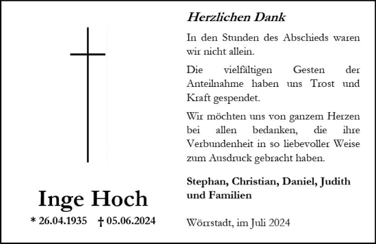 Traueranzeige von Inge Hoch von Allgemeine Zeitung Alzey