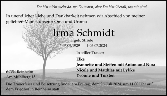 Traueranzeige von Irma Schmidt von Darmstädter Echo