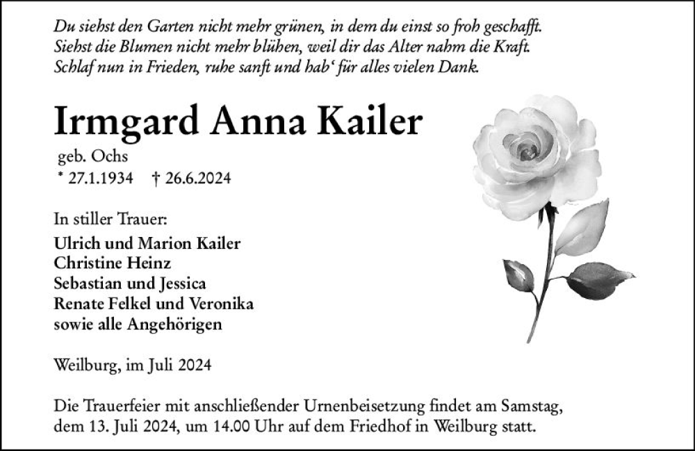  Traueranzeige für Irmgard  Kailer vom 06.07.2024 aus Weilburger Tageblatt