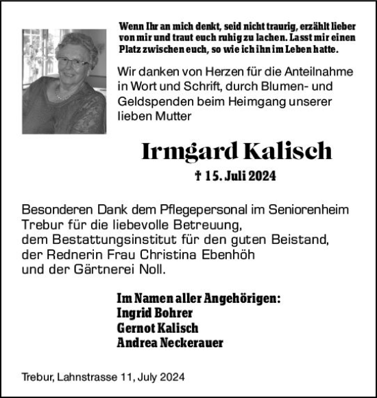 Traueranzeige von Irmgard Kalisch von Rüsselsheimer Echo