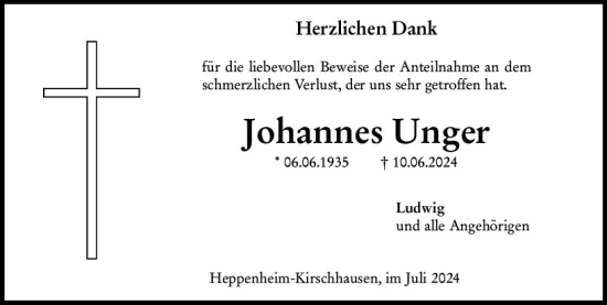 Traueranzeige von Johannes Unger von Starkenburger Echo