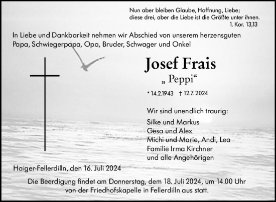 Traueranzeige von Josef Frais von Dill Block