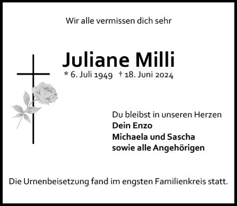  Traueranzeige für Juliane Milli vom 27.07.2024 aus Allgemeine Zeitung Mainz