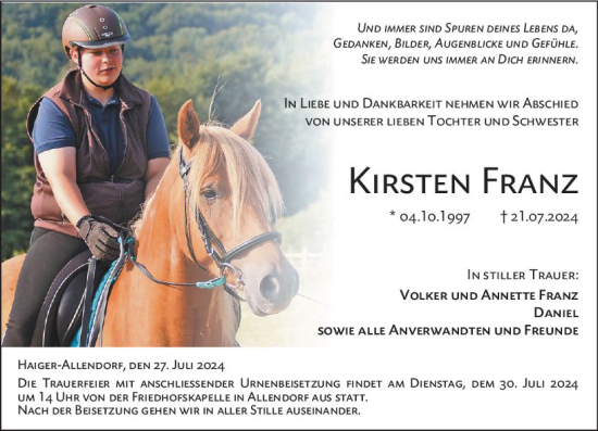 Traueranzeige von Kirsten Franz von Dill Block