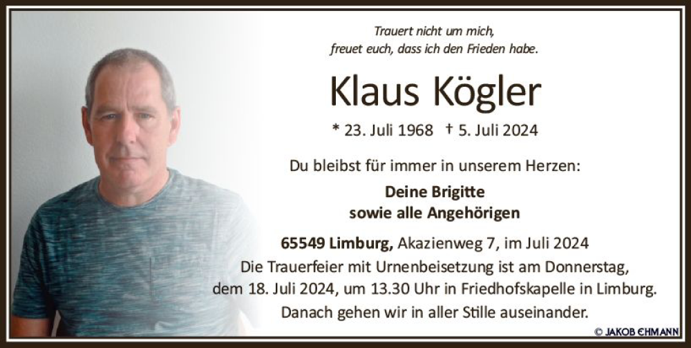  Traueranzeige für Klaus Kögler vom 13.07.2024 aus Nassauische Neue Presse