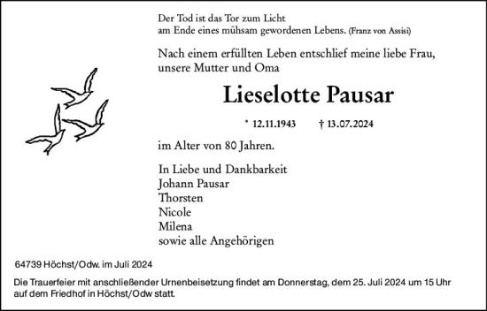 Traueranzeige von Lieselotte Pausar von Odenwälder Echo