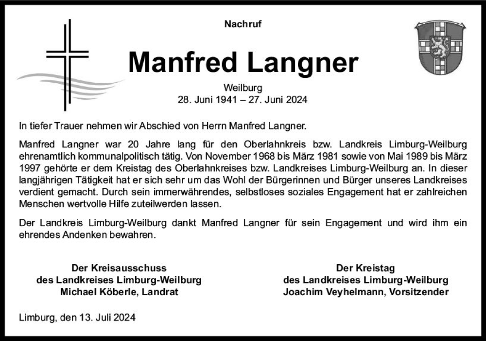 Traueranzeige für Manfred Langner vom 13.07.2024 aus Weilburger Tageblatt