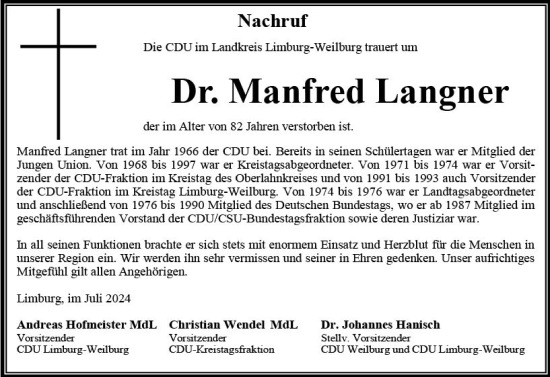 Traueranzeige von Manfred Langner von Weilburger Tageblatt