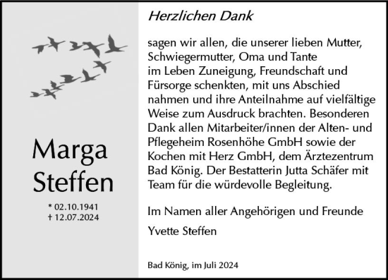 Traueranzeige von Marga Steffen von Odenwälder Echo