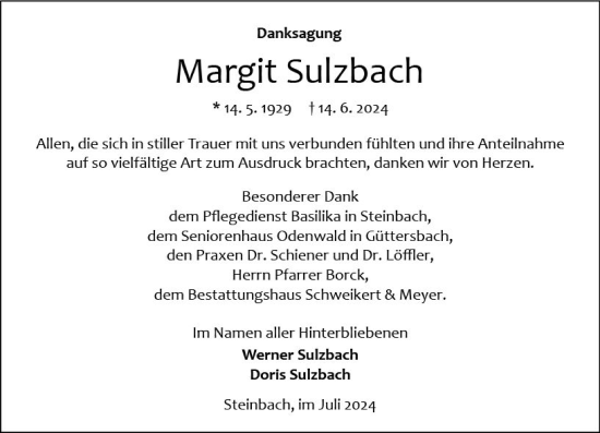 Traueranzeige von Margit Sulzbach von Odenwälder Echo