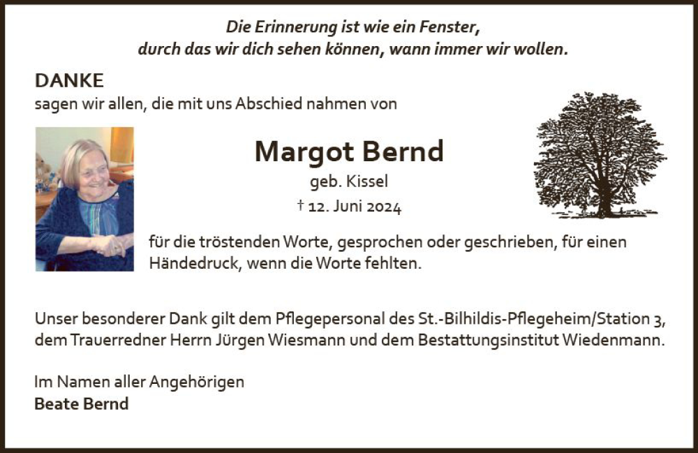  Traueranzeige für Margot Bernd vom 13.07.2024 aus Allgemeine Zeitung Mainz